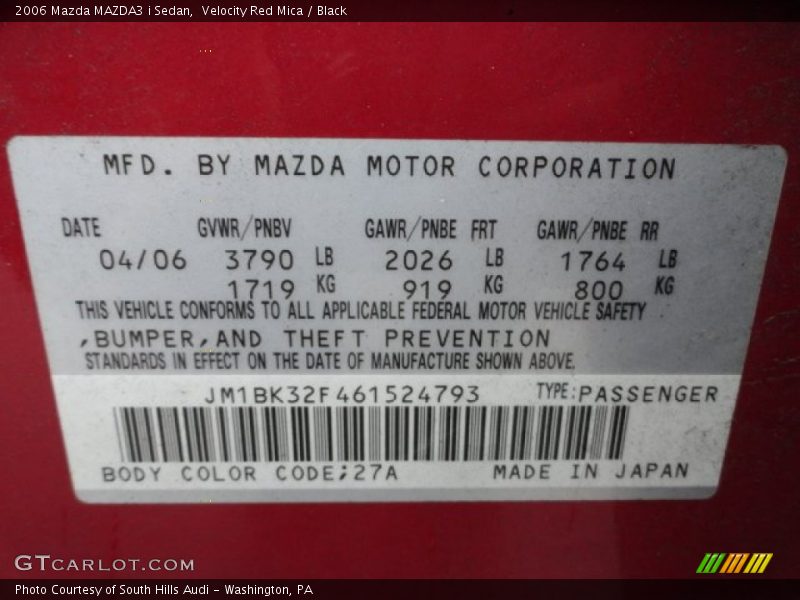 Velocity Red Mica / Black 2006 Mazda MAZDA3 i Sedan