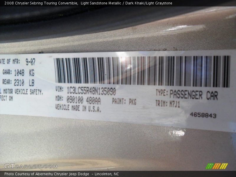2008 Sebring Touring Convertible Light Sandstone Metallic Color Code PKG