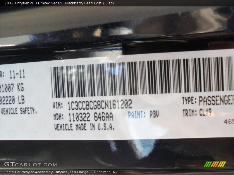 2012 200 Limited Sedan Blackberry Pearl Coat Color Code PBV