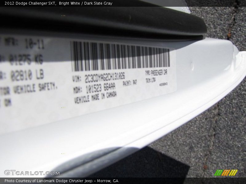 Bright White / Dark Slate Gray 2012 Dodge Challenger SXT