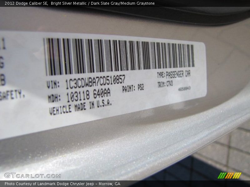 Bright Silver Metallic / Dark Slate Gray/Medium Graystone 2012 Dodge Caliber SE