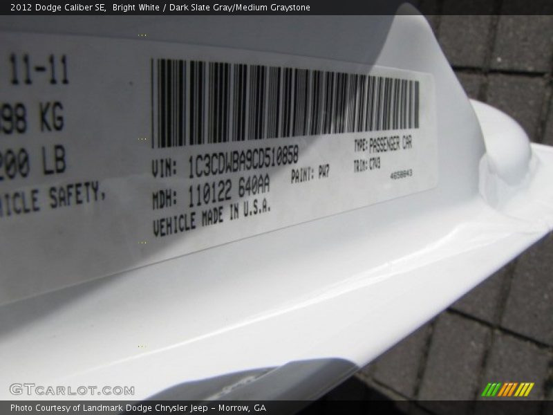 Bright White / Dark Slate Gray/Medium Graystone 2012 Dodge Caliber SE