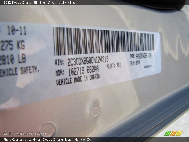 Bright Silver Metallic / Black 2012 Dodge Charger SE