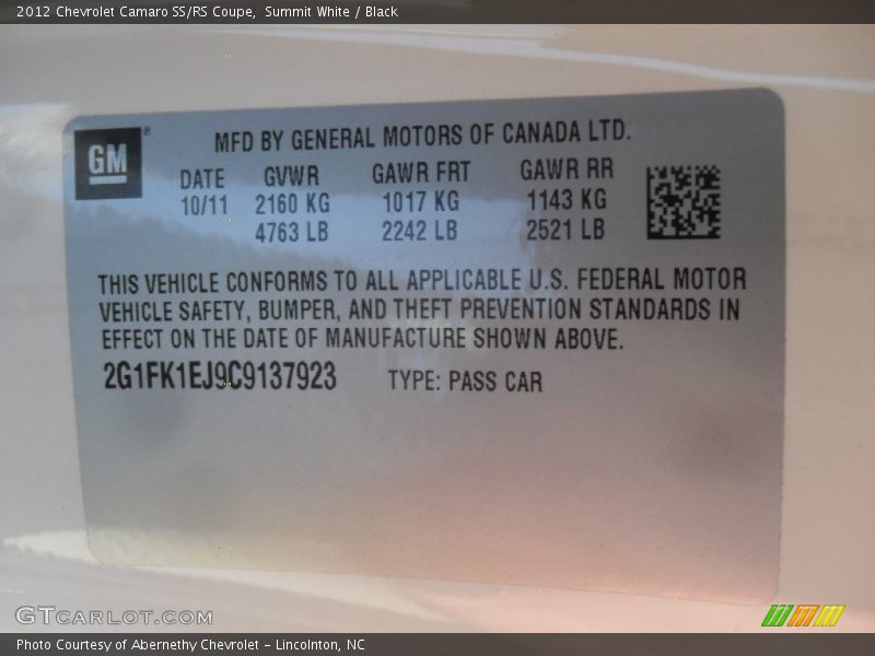 Summit White / Black 2012 Chevrolet Camaro SS/RS Coupe