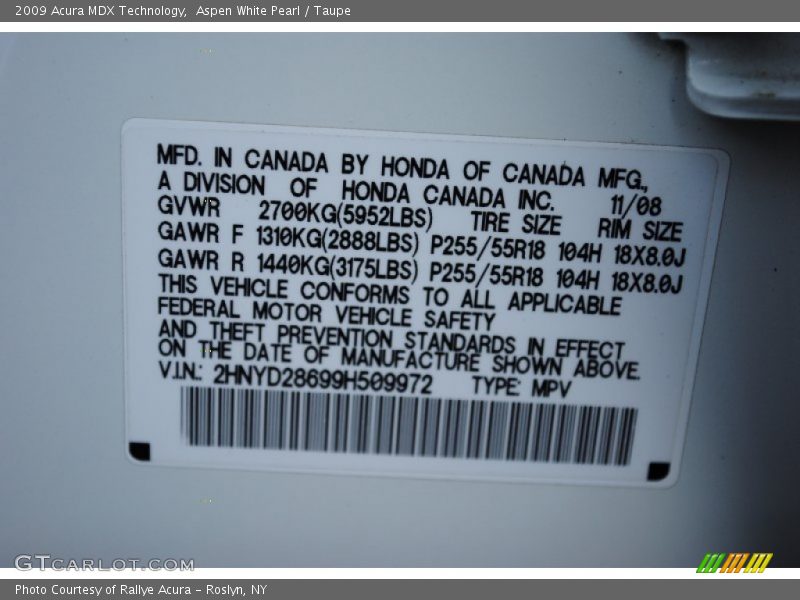 Aspen White Pearl / Taupe 2009 Acura MDX Technology