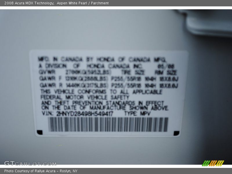 Aspen White Pearl / Parchment 2008 Acura MDX Technology