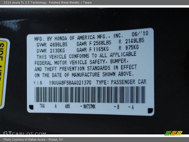 Polished Metal Metallic / Taupe 2010 Acura TL 3.5 Technology
