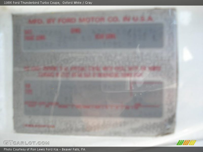 Oxford White / Gray 1986 Ford Thunderbird Turbo Coupe