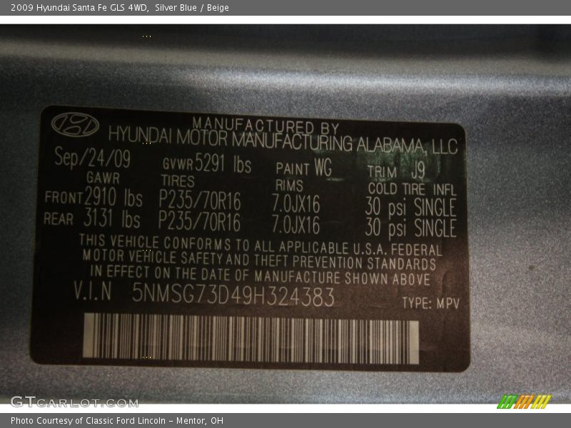 Silver Blue / Beige 2009 Hyundai Santa Fe GLS 4WD