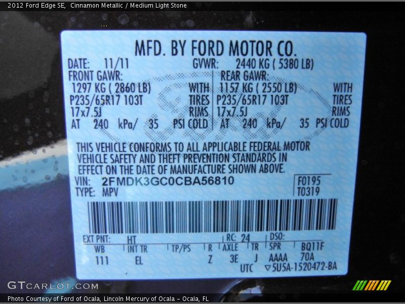 2012 Edge SE Cinnamon Metallic Color Code HT