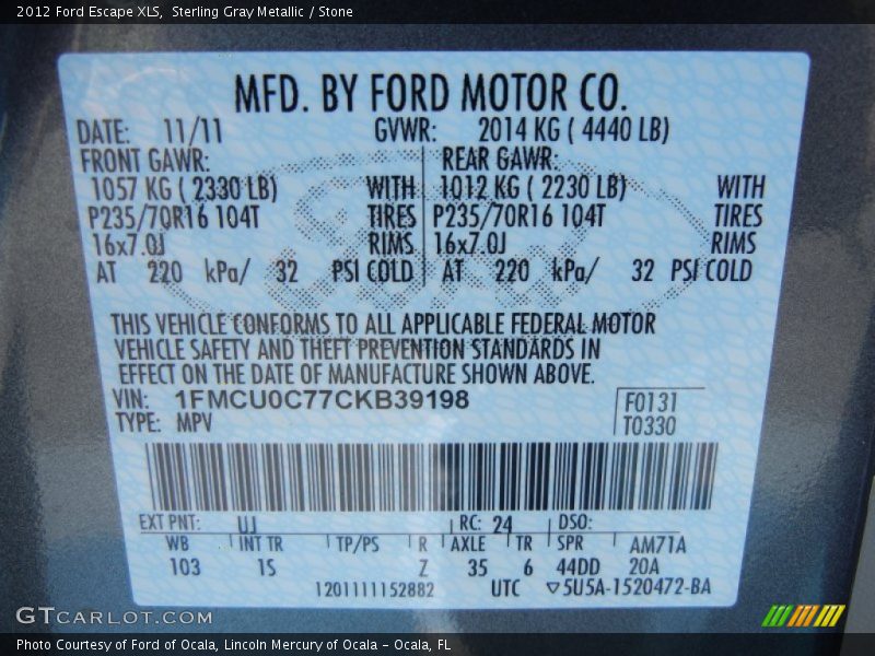 2012 Escape XLS Sterling Gray Metallic Color Code UJ