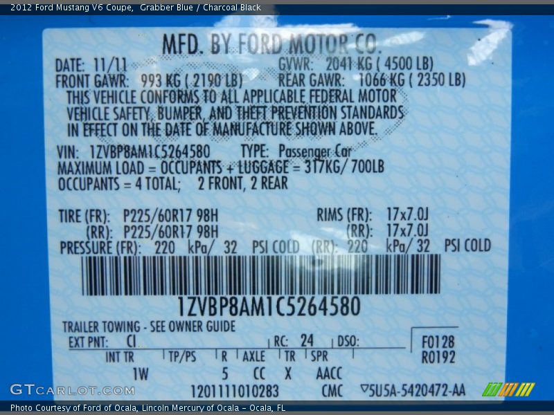 2012 Mustang V6 Coupe Grabber Blue Color Code CI