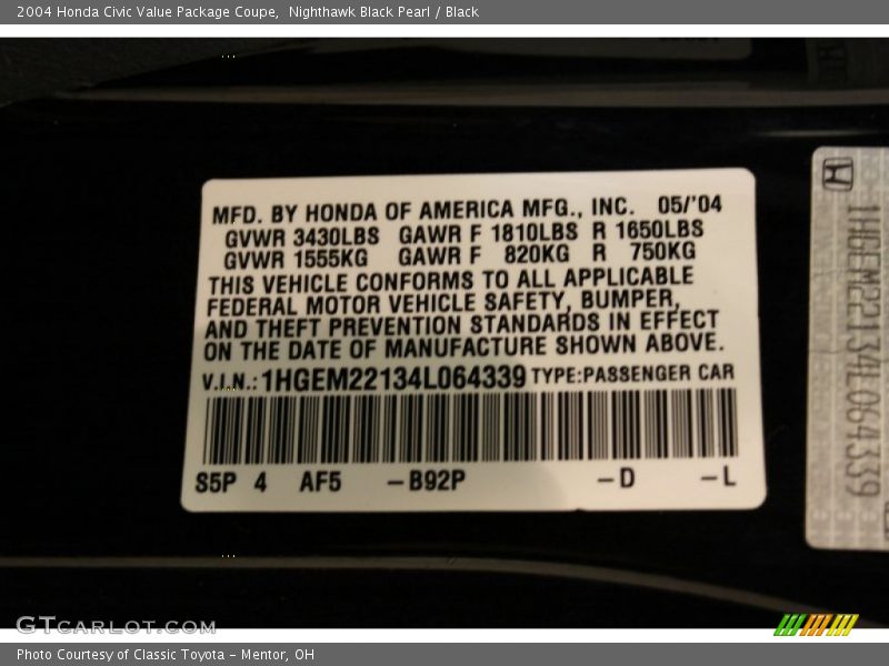 2004 Civic Value Package Coupe Nighthawk Black Pearl Color Code B92P