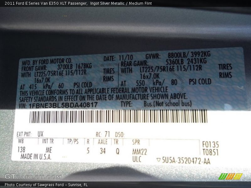 2011 E Series Van E350 XLT Passenger Ingot Silver Metallic Color Code UX