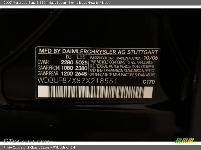 2007 E 350 4Matic Sedan Sienna Black Metallic Color Code 170