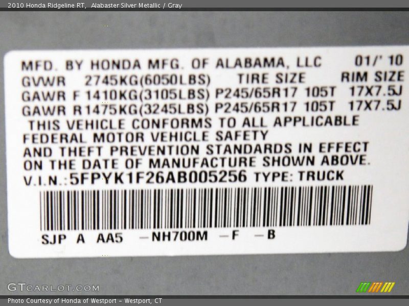 2010 Ridgeline RT Alabaster Silver Metallic Color Code NH700M