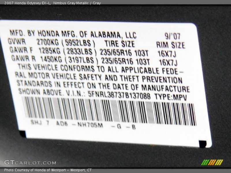 Nimbus Gray Metallic / Gray 2007 Honda Odyssey EX-L