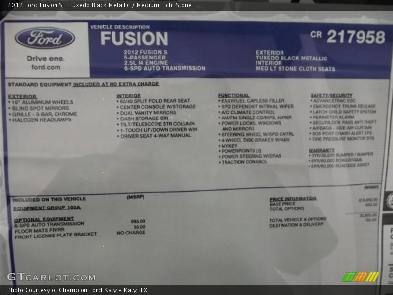 Tuxedo Black Metallic / Medium Light Stone 2012 Ford Fusion S