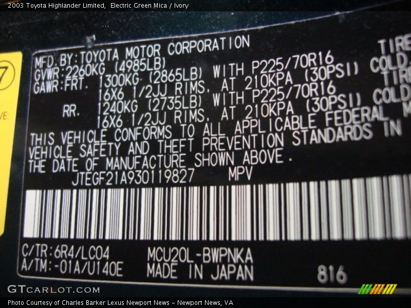 Electric Green Mica / Ivory 2003 Toyota Highlander Limited