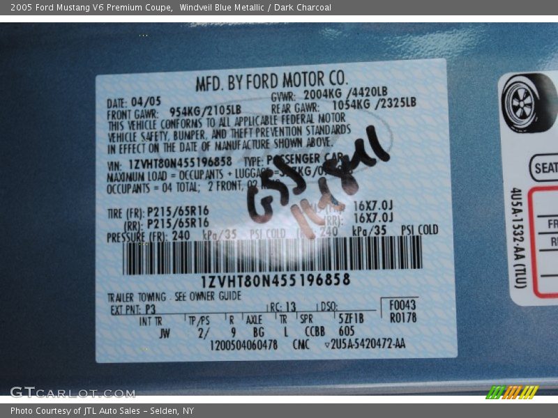 2005 Mustang V6 Premium Coupe Windveil Blue Metallic Color Code P3