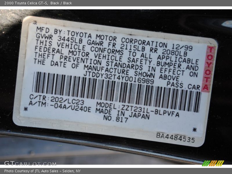 2000 Celica GT-S Black Color Code 202