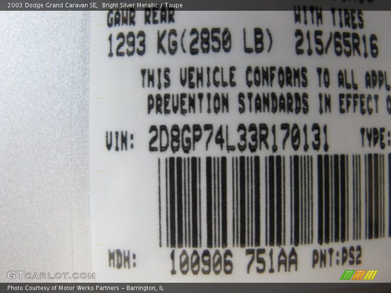 2003 Grand Caravan SE Bright Silver Metallic Color Code PS2