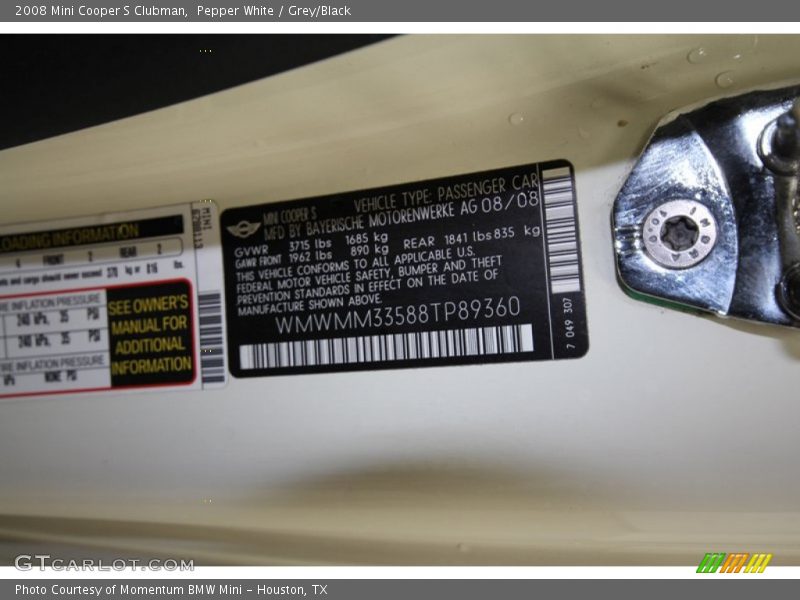Pepper White / Grey/Black 2008 Mini Cooper S Clubman