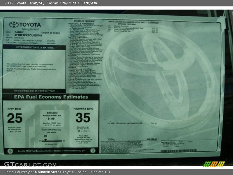 Cosmic Gray Mica / Black/Ash 2012 Toyota Camry SE