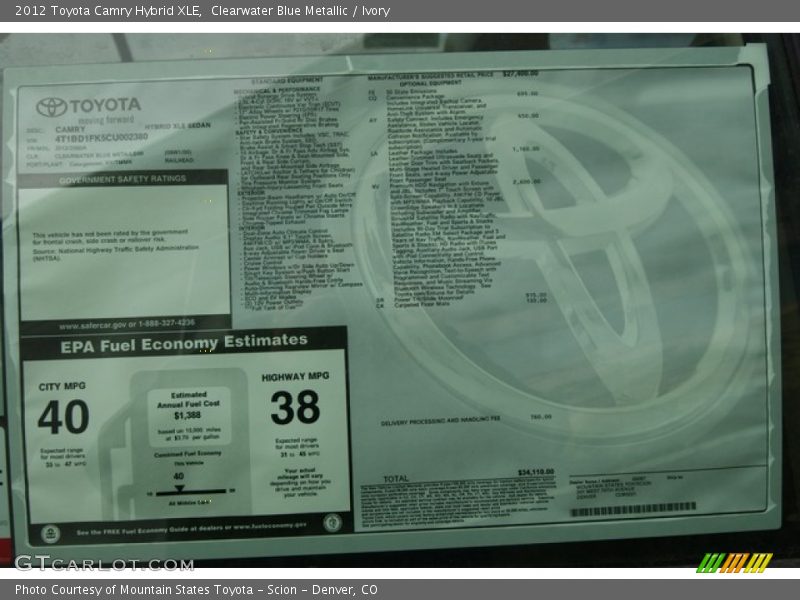  2012 Camry Hybrid XLE Window Sticker
