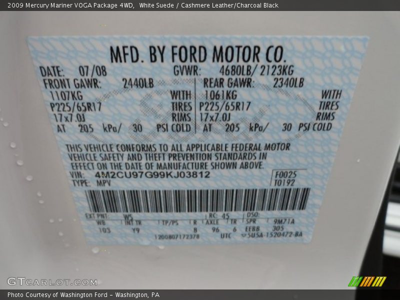 2009 Mariner VOGA Package 4WD White Suede Color Code WS