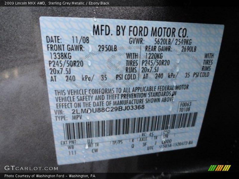 Sterling Grey Metallic / Ebony Black 2009 Lincoln MKX AWD