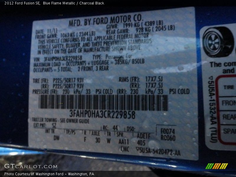 Blue Flame Metallic / Charcoal Black 2012 Ford Fusion SE