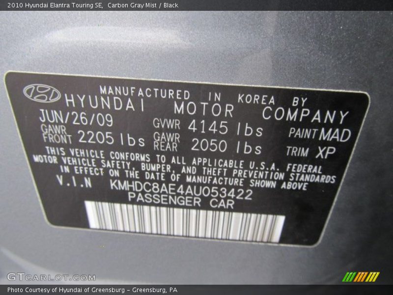 2010 Elantra Touring SE Carbon Gray Mist Color Code MAD