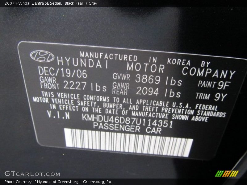 Black Pearl / Gray 2007 Hyundai Elantra SE Sedan