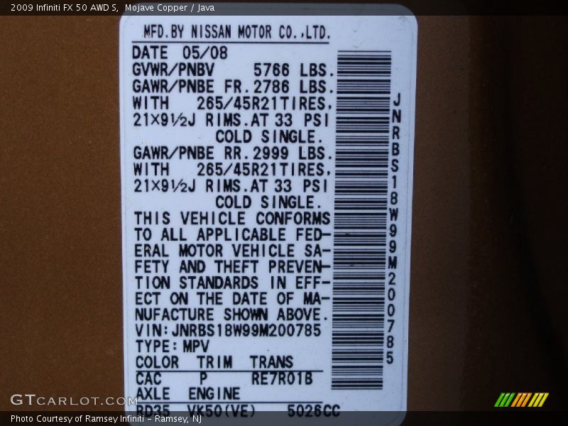 2009 FX 50 AWD S Mojave Copper Color Code CAC