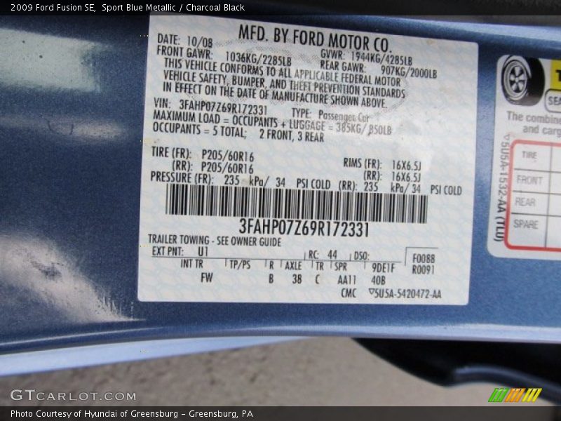 Sport Blue Metallic / Charcoal Black 2009 Ford Fusion SE