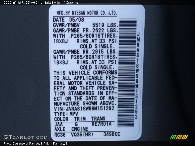 Umbria Twilight / Graphite 2009 Infiniti FX 35 AWD