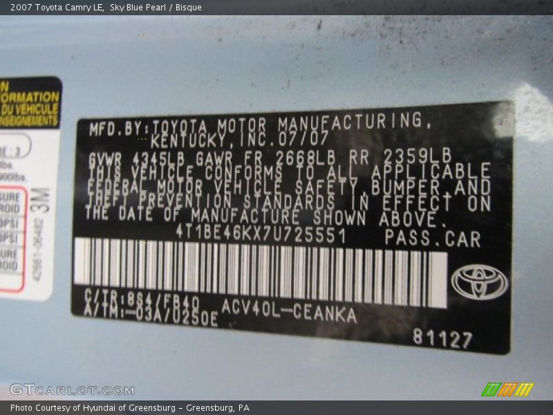 2007 Camry LE Sky Blue Pearl Color Code 8S4
