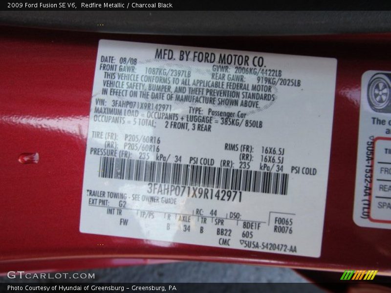 Redfire Metallic / Charcoal Black 2009 Ford Fusion SE V6