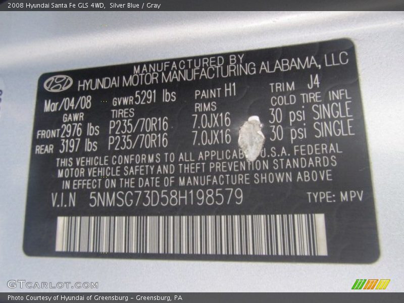 Silver Blue / Gray 2008 Hyundai Santa Fe GLS 4WD