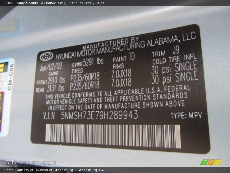 Platinum Sage / Beige 2009 Hyundai Santa Fe Limited 4WD