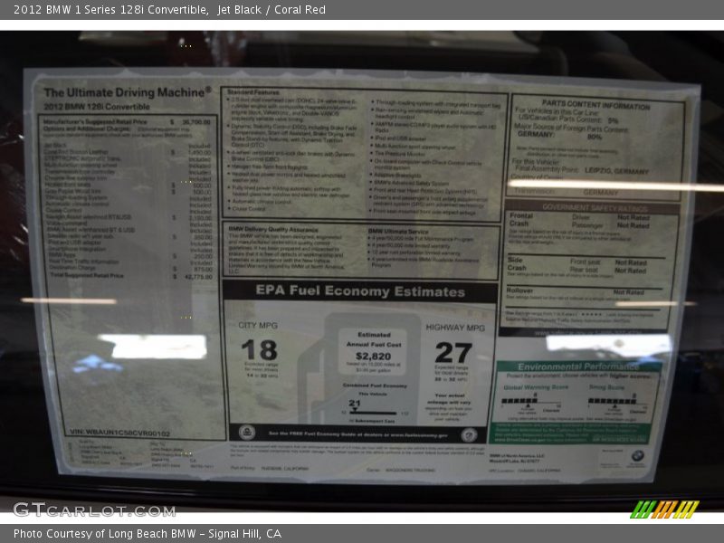  2012 1 Series 128i Convertible Window Sticker