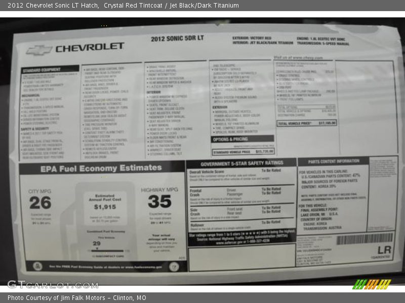  2012 Sonic LT Hatch Window Sticker