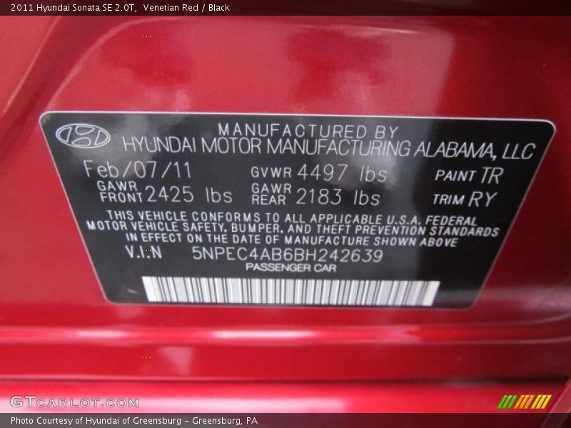 Venetian Red / Black 2011 Hyundai Sonata SE 2.0T