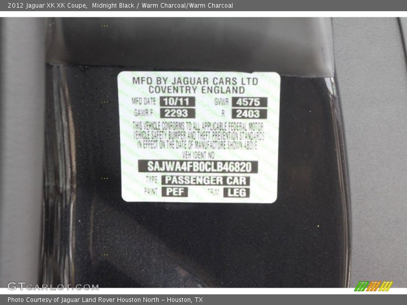 2012 XK XK Coupe Midnight Black Color Code PEF