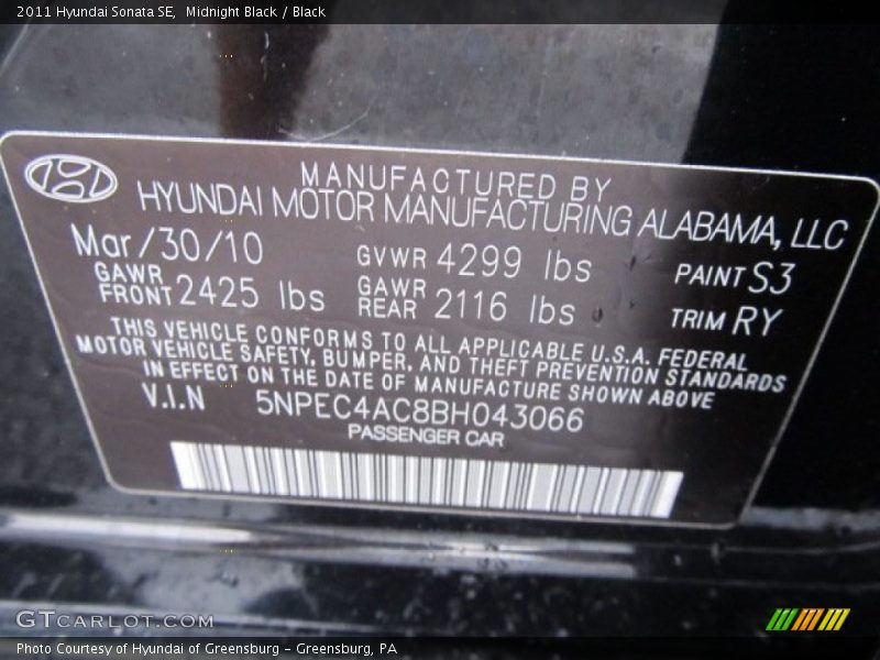 Midnight Black / Black 2011 Hyundai Sonata SE