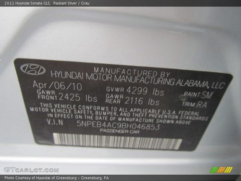 Radiant Silver / Gray 2011 Hyundai Sonata GLS