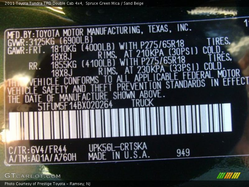 2011 Tundra TRD Double Cab 4x4 Spruce Green Mica Color Code 6V4