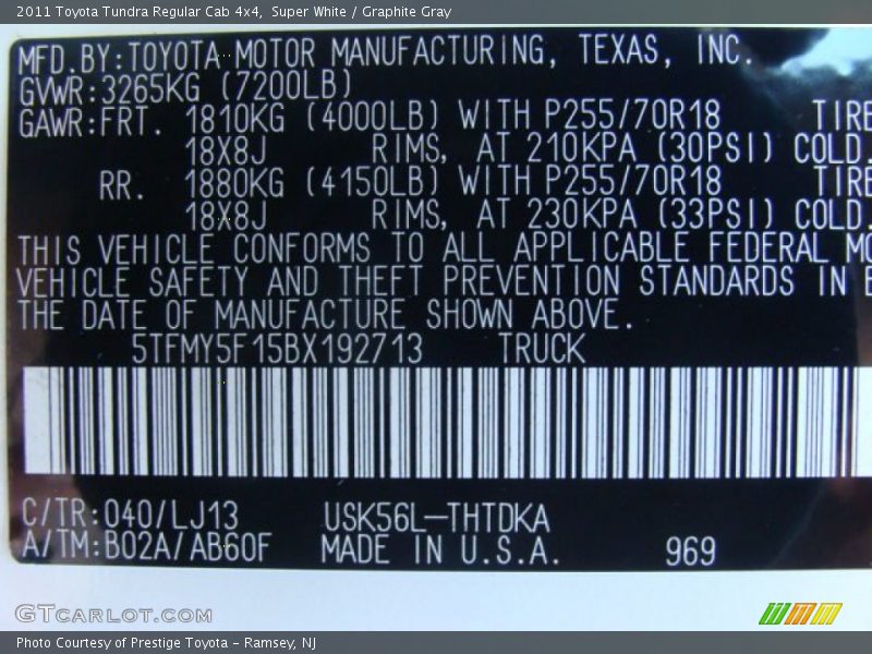 2011 Tundra Regular Cab 4x4 Super White Color Code 040