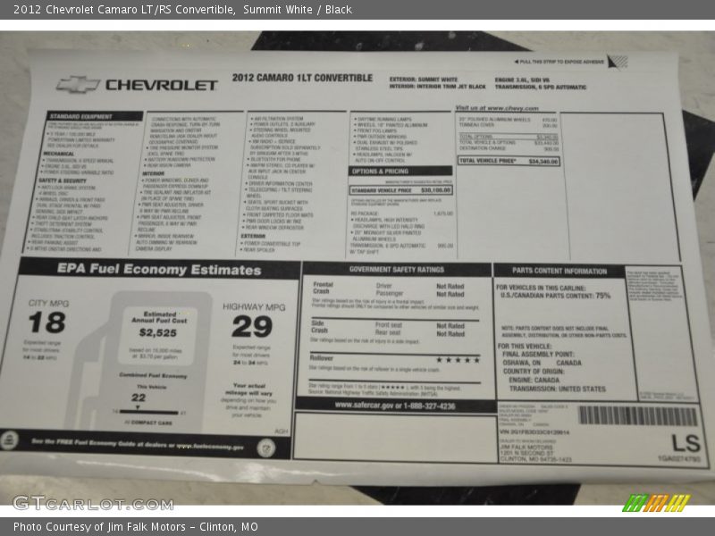  2012 Camaro LT/RS Convertible Window Sticker